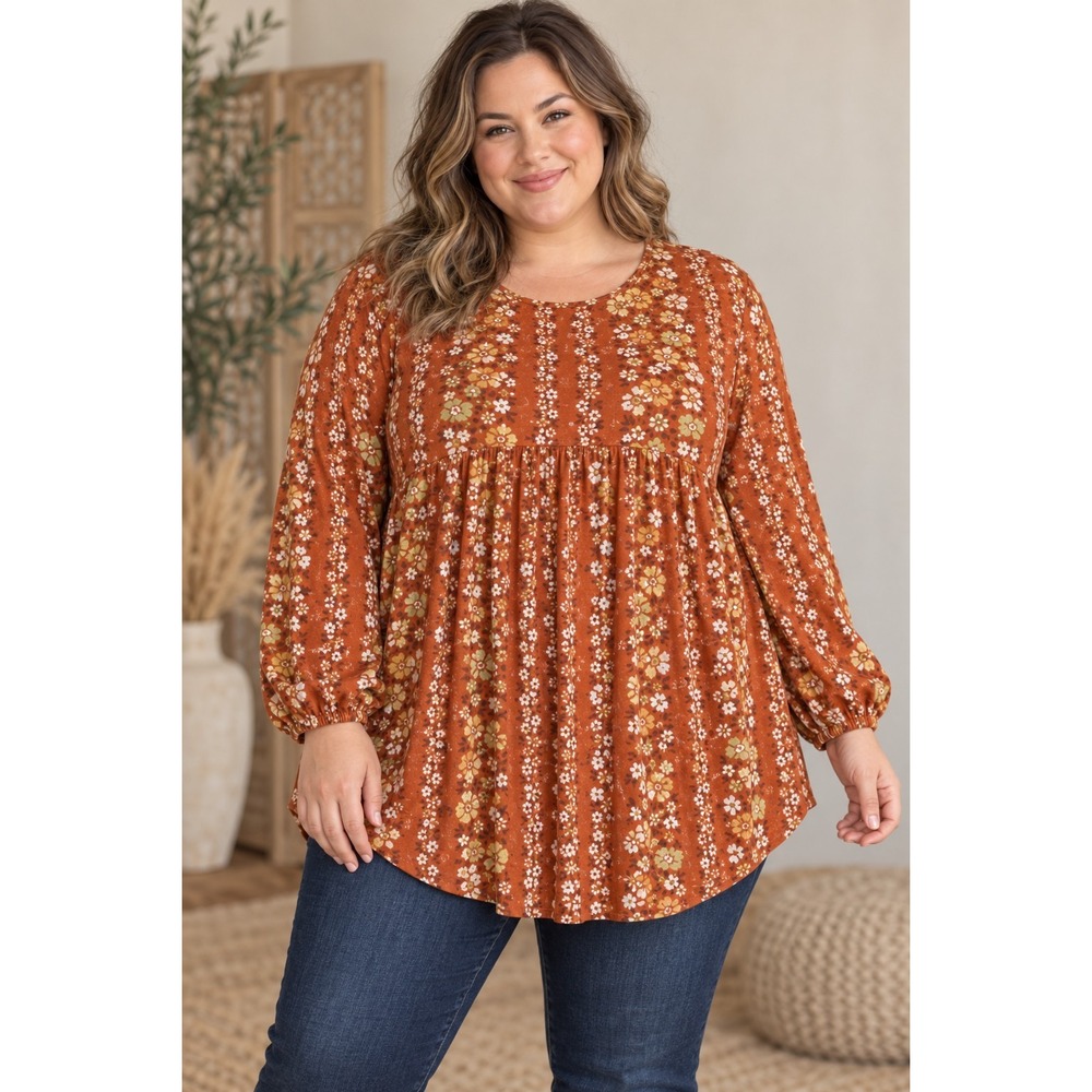 Haptics Holly Harper Women 2X Rust Floral Babydoll Tunic Top Boho